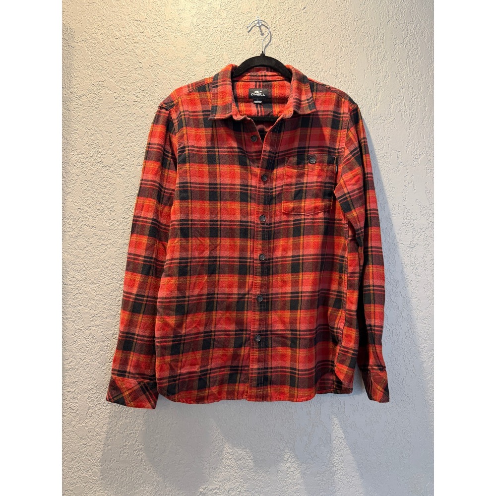 O Neill‎ Plaid Flannel Shirt Red Black Men's Standard Fit Size Small